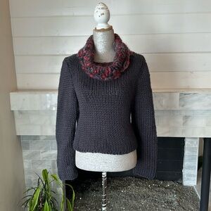 Chunky Handknit Contrasting Cowelneck Dark Gray Boxy Sweater Size Small